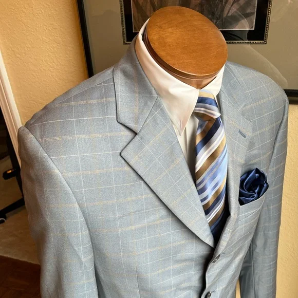Marzotto Sartoriale Fine Italian Wool Light Blue Windowpane Jacket Size 40R